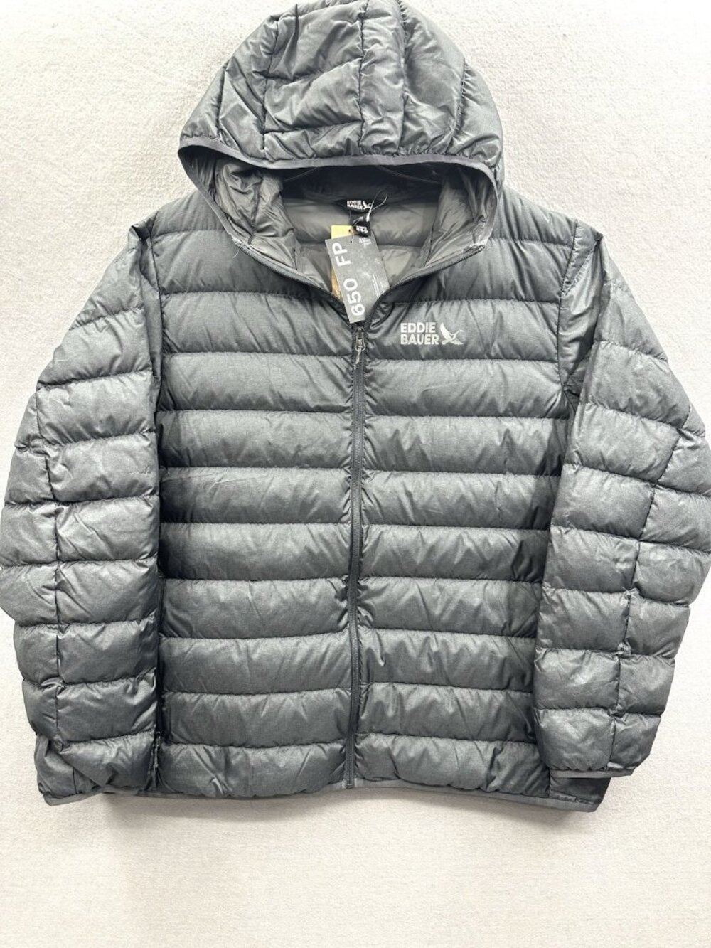 NWT Eddie Bauer Puffer Jacket 650FP Down Feather Mens Size 2XL Gray Hooded Logo